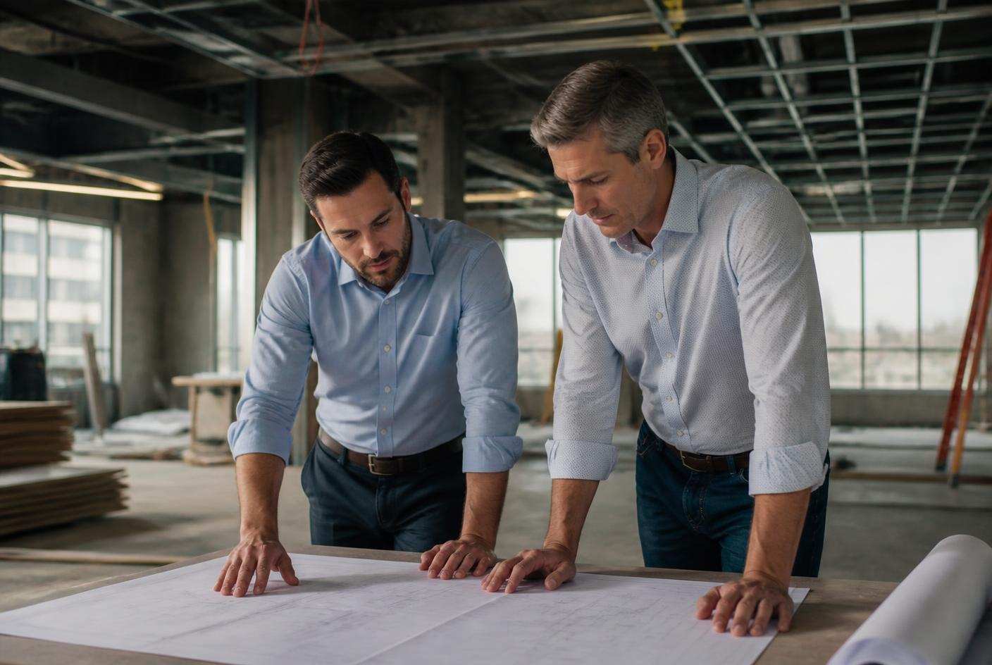 Heuring Dean project leadership reviewing construction drawings on site