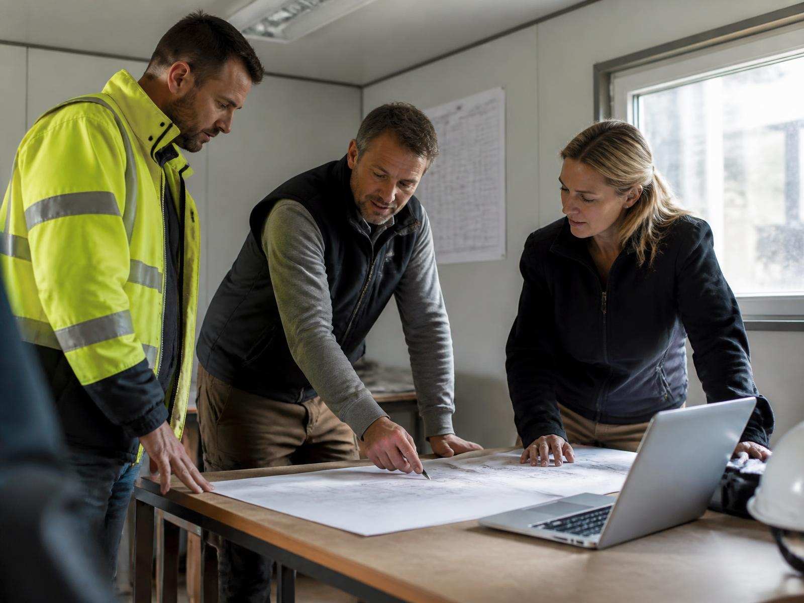Construction leadership team reviewing project plans in a job site office