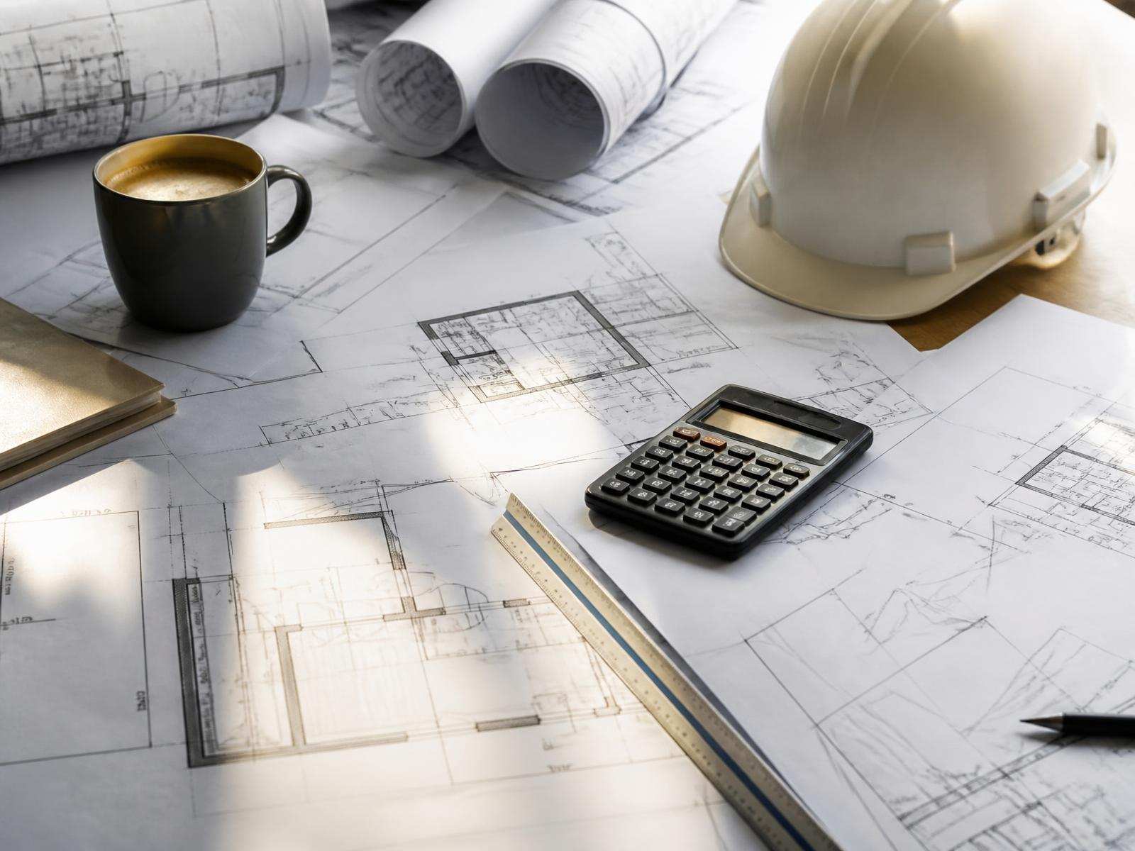 Construction drawings, scale ruler and hard hat laid out during preconstruction estimating