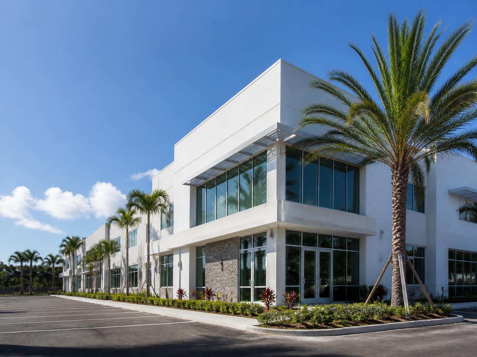 Completed modern commercial building exterior in South Florida