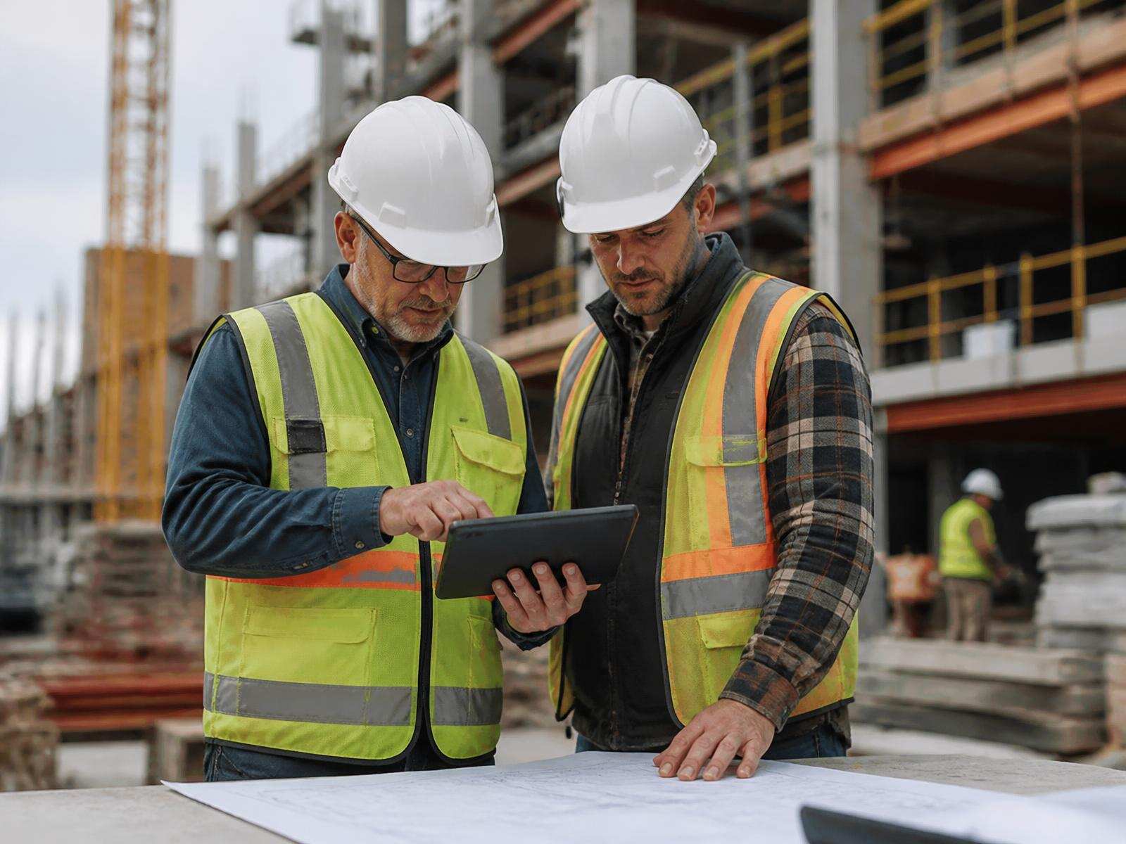 Construction project managers reviewing drawings and a tablet on an active job site