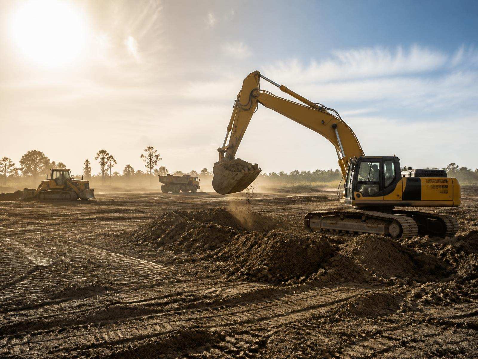 Excavator and heavy equipment performing site work on a Florida construction site