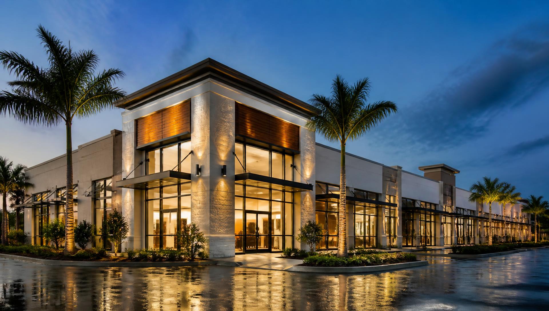 Completed retail and office building in South Florida lit at dusk with palm trees along the entry