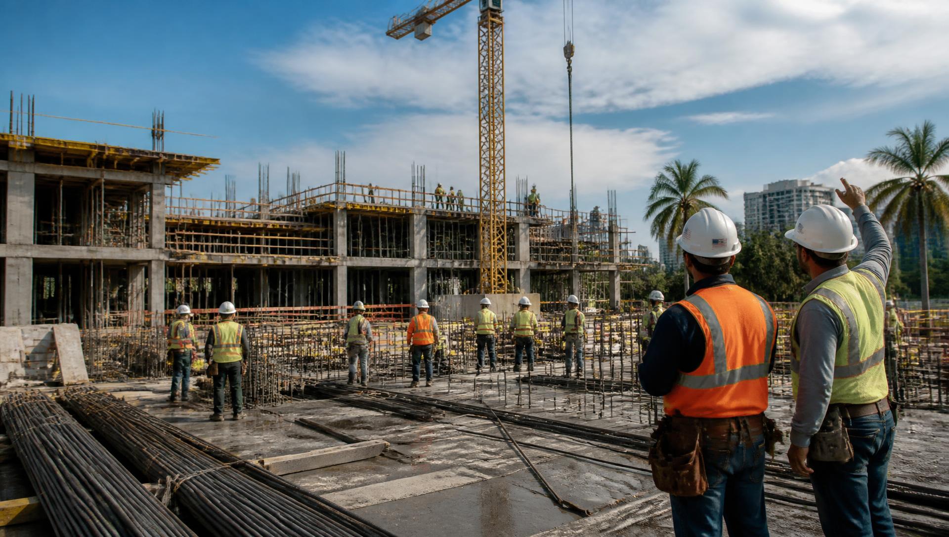 Concrete frame of a South Florida commercial building under construction with a tower crane and crew on the deck